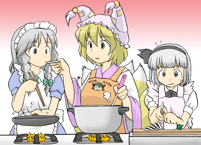 e saiba, kannagi kaname, izayoi sakuya, konpaku youmu, yakumo ran, touhou, silver hair, 3girls, animal hat, apron, blonde hair, bow, braid, chopsticks, cooking, cooking pot, daikon, female focus, frying pan, hair bow, hairband, hat, holding, holding knife, kitchen knife, knife, long sleeves, maid headdress, mob cap, multiple girls, multiple tails, puffy short sleeves, puffy sleeves, radish, short hair, short sleeves, stove, sweatdrop, tail, tassel, tasting, twin braids, upper body, wide sleeves