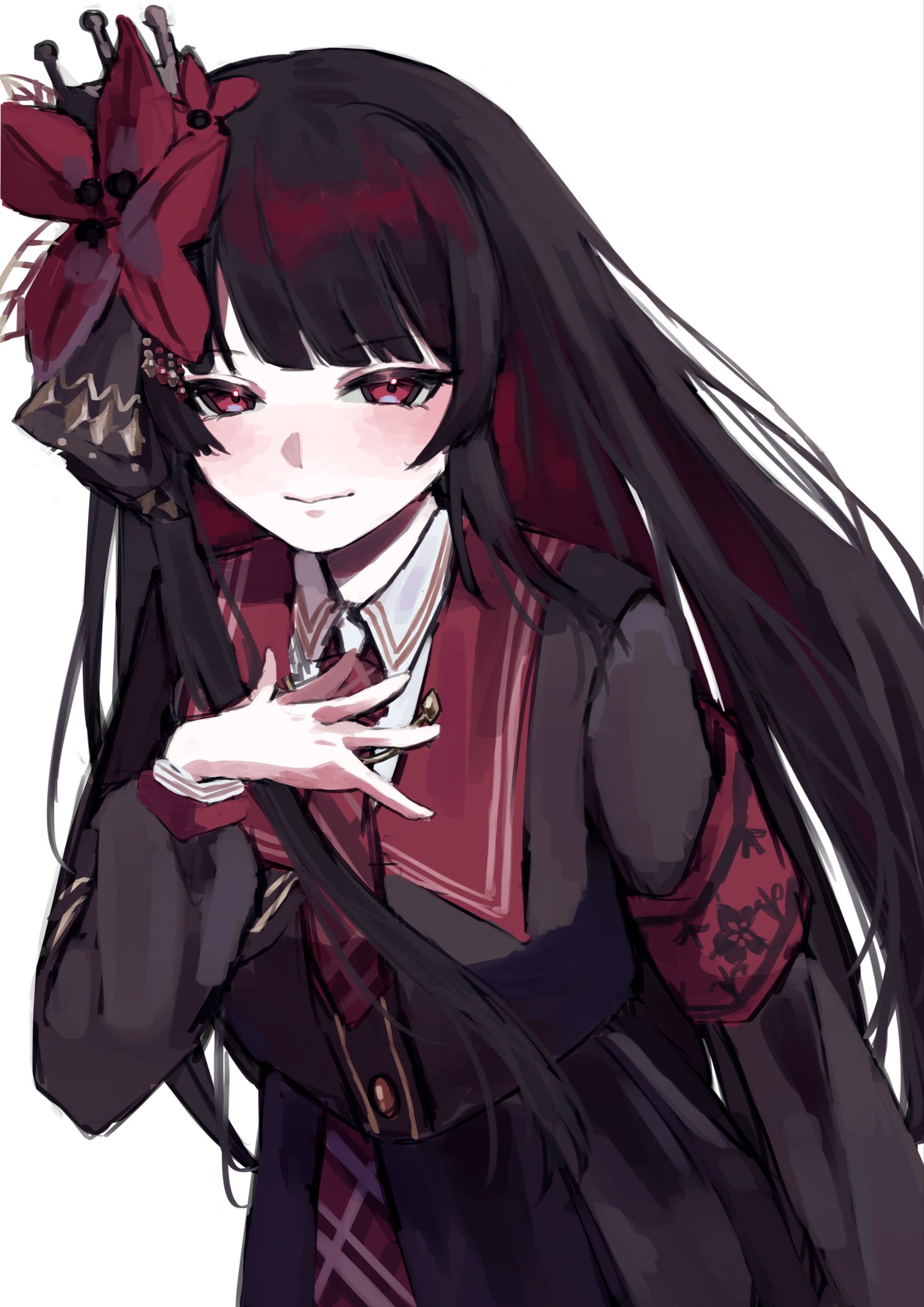 nikaido hiro, mahou shoujo no majo saiban, highres, 1girl, armband, black hair, black shirt, black skirt, blunt bangs, closed mouth, collared shirt, cowboy shot, flower, hair flower, hair ornament, hand on own chest, hand up, long hair, long sleeves, looking at viewer, mebae (mebae cha), necktie, red armband, red eyes, red flower, red necktie, shirt, simple background, skirt, smile, solo, standing, white background