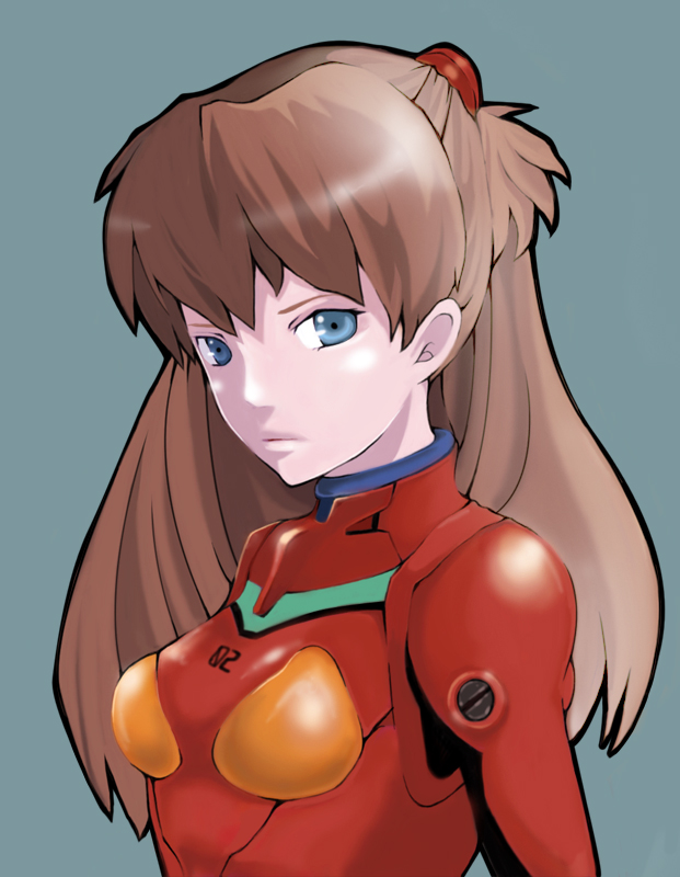 dk, souryuu asuka langley, neon genesis evangelion, bad id, bad pixiv id, 1girl, blue eyes, bodysuit, breasts, brown hair, expressionless, female focus, from side, grey background, hair ornament, long hair, looking at viewer, mecha pilot suit, plugsuit (evangelion), red hair, simple background, small breasts, solo, turtleneck, two side up, upper body
