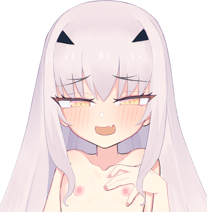 kunabishi, melusine (fate), fate/grand order, fate (series), 1girl, blush, breasts, collarbone, completely nude, forked eyebrows, long hair, looking at viewer, nipples, nude, open mouth, sidelocks, small breasts, smile, solo, white hair, yellow eyes