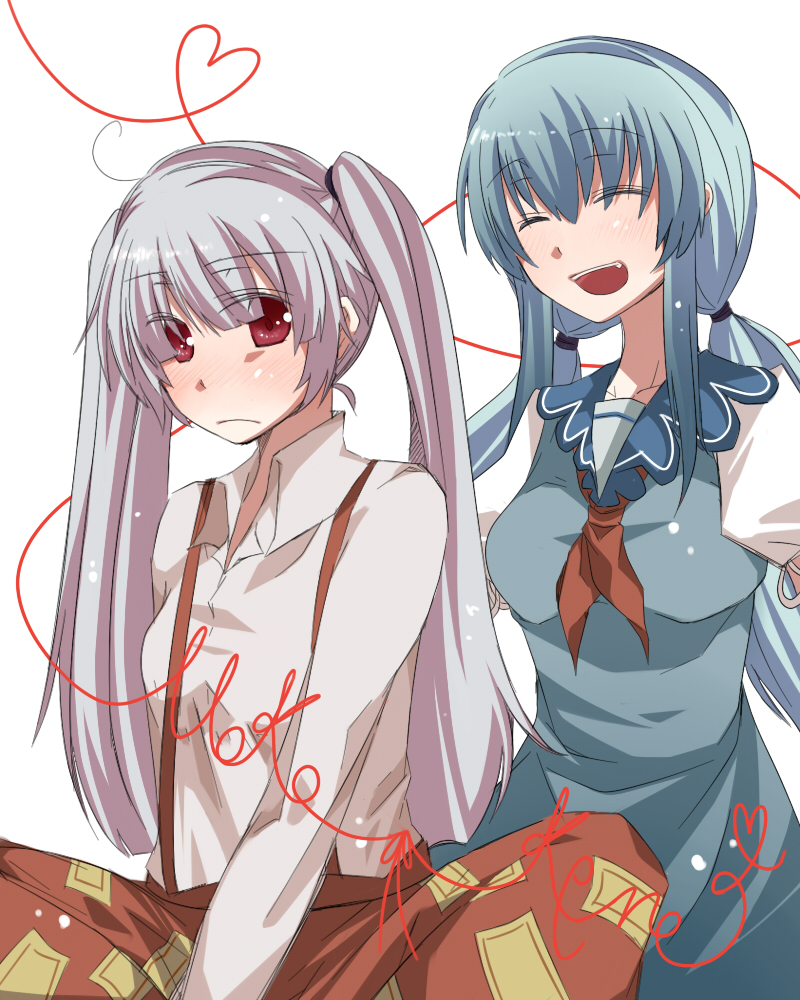 fujisaki miyabi, fujiwara no mokou, kamishirasawa keine, touhou, silver hair, bad id, bad pixiv id, 2girls, alternate hairstyle, blue hair, blush, closed eyes, embarrassed, female focus, hairdressing, happy, long hair, low twintails, multiple girls, open mouth, red eyes, sidelocks, sitting, smile, twintails