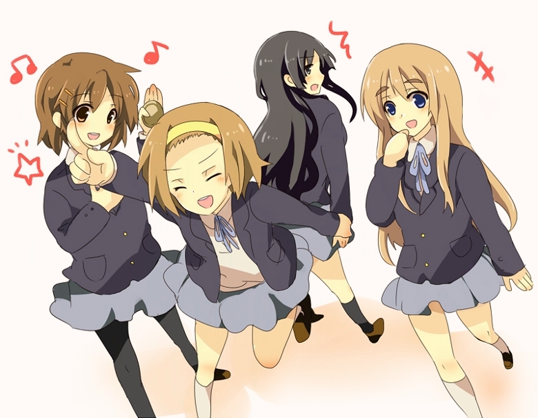 hizuno, akiyama mio, hirasawa yui, kotobuki tsumugi, tainaka ritsu, k-on!, bad id, bad pixiv id, 00s, 4girls, black hair, blunt bangs, brown hair, hair ornament, hairclip, hime cut, ho-kago tea time, long hair, multiple girls, pantyhose, school uniform, short hair