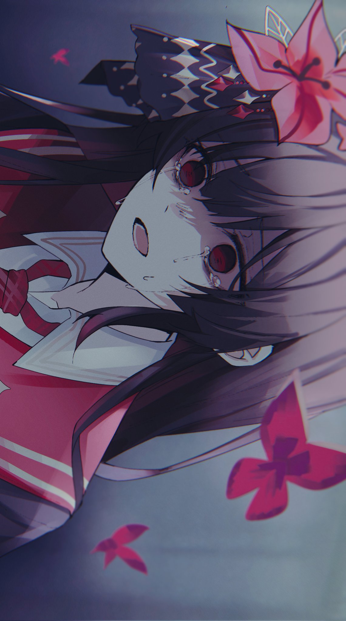 ritzchrono, nikaido hiro, mahou shoujo no majo saiban, highres, 1girl, black hair, bug, butterfly, crying, crying with eyes open, despair, empty eyes, flower, gradient background, hair flower, hair ornament, insect, long hair, necktie, open mouth, red butterfly, red eyes, red flower, red necktie, shaded face, sideways, solo, surprised, tears, upper body