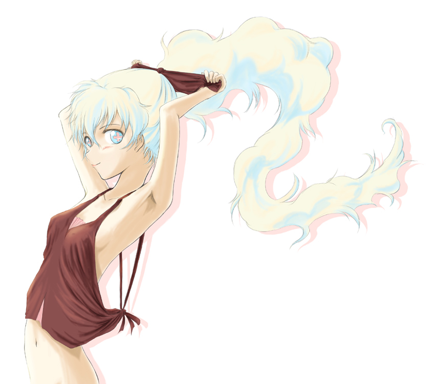 chiaki lsd, nia teppelin, tengen toppa gurren lagann, + +, 00s, armpits, arms up, bare shoulders, blush, collarbone, cross-shaped pupils, hair ribbon, navel, no bra, ponytail, ribbon, simple background, solo, symbol-shaped pupils, white background