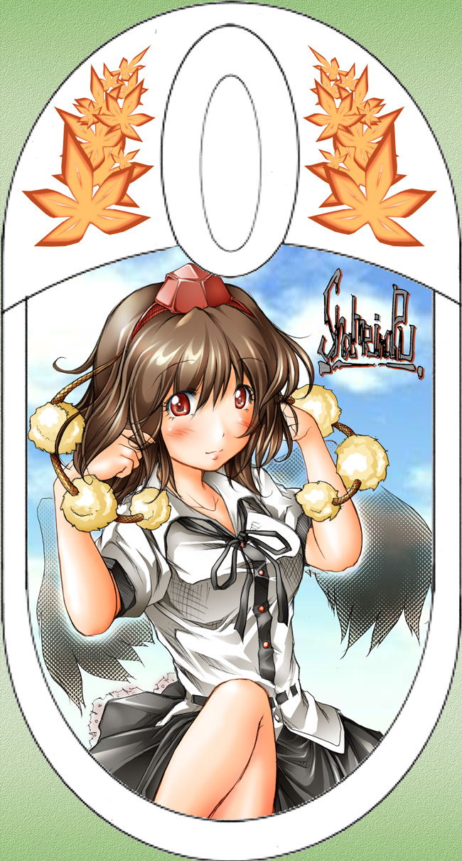 kemu inu, shameimaru aya, touhou, highres, 1girl, black wings, brown hair, cloud, female focus, hat, outdoors, red eyes, short hair, sky, solo, tokin hat, wings