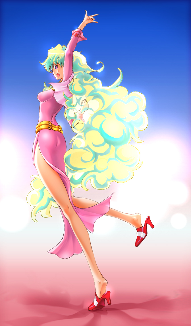 zzy, nia teppelin, tengen toppa gurren lagann, 00s, 1girl, dress, female focus, high heels, long hair, long legs, multicolored hair, shoes, side slit, solo, very long hair