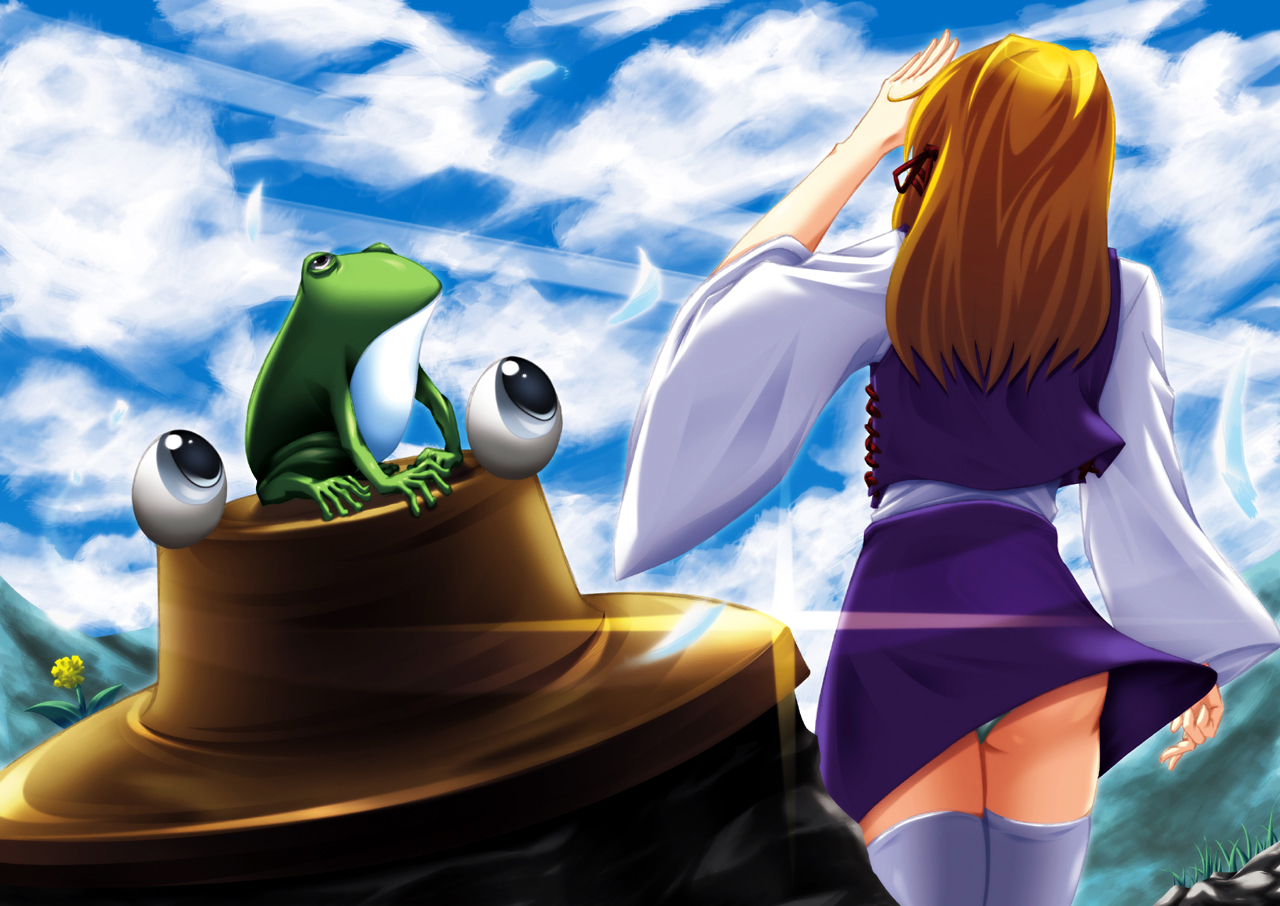 lozelia, moriya suwako, touhou, bad id, bad pixiv id, 1girl, ass, female focus, frog, hat, panties, solo, thighhighs, underwear, white thighhighs