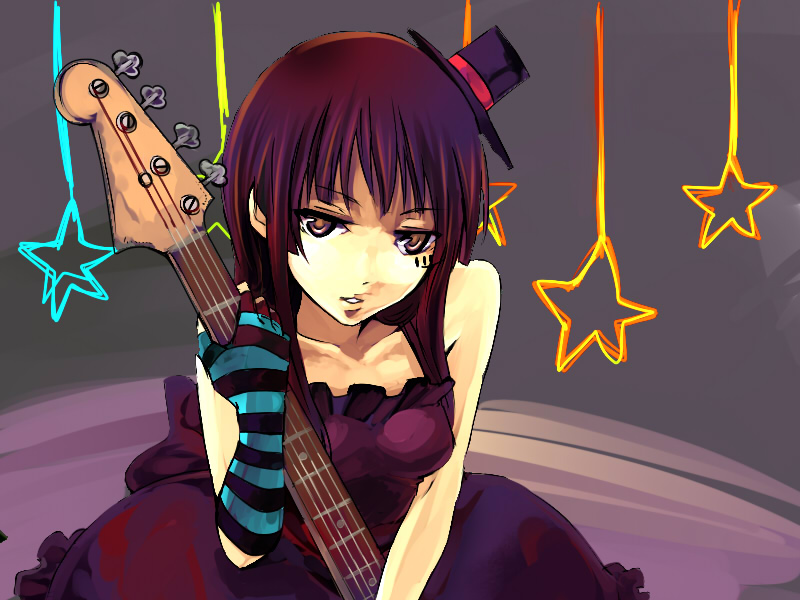 kochoko, akiyama mio, don't say "lazy", k-on!, striped, bad id, bad pixiv id, 00s, 1girl, asymmetrical clothes, bass guitar, blunt bangs, dress, facepaint, female focus, gloves, hat, hime cut, instrument, mini hat, mini top hat, single glove, solo, star (symbol), top hat