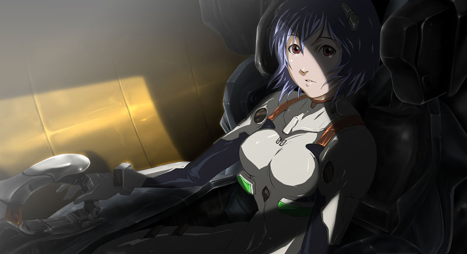 71 (nanaichi drafting), ayanami rei, neon genesis evangelion, bad id, bad pixiv id, 1girl, blue hair, breasts, brown eyes, cockpit, entry plug, female focus, large breasts, mecha pilot suit, plugsuit (evangelion), red eyes, shade, shadow, short hair, solo