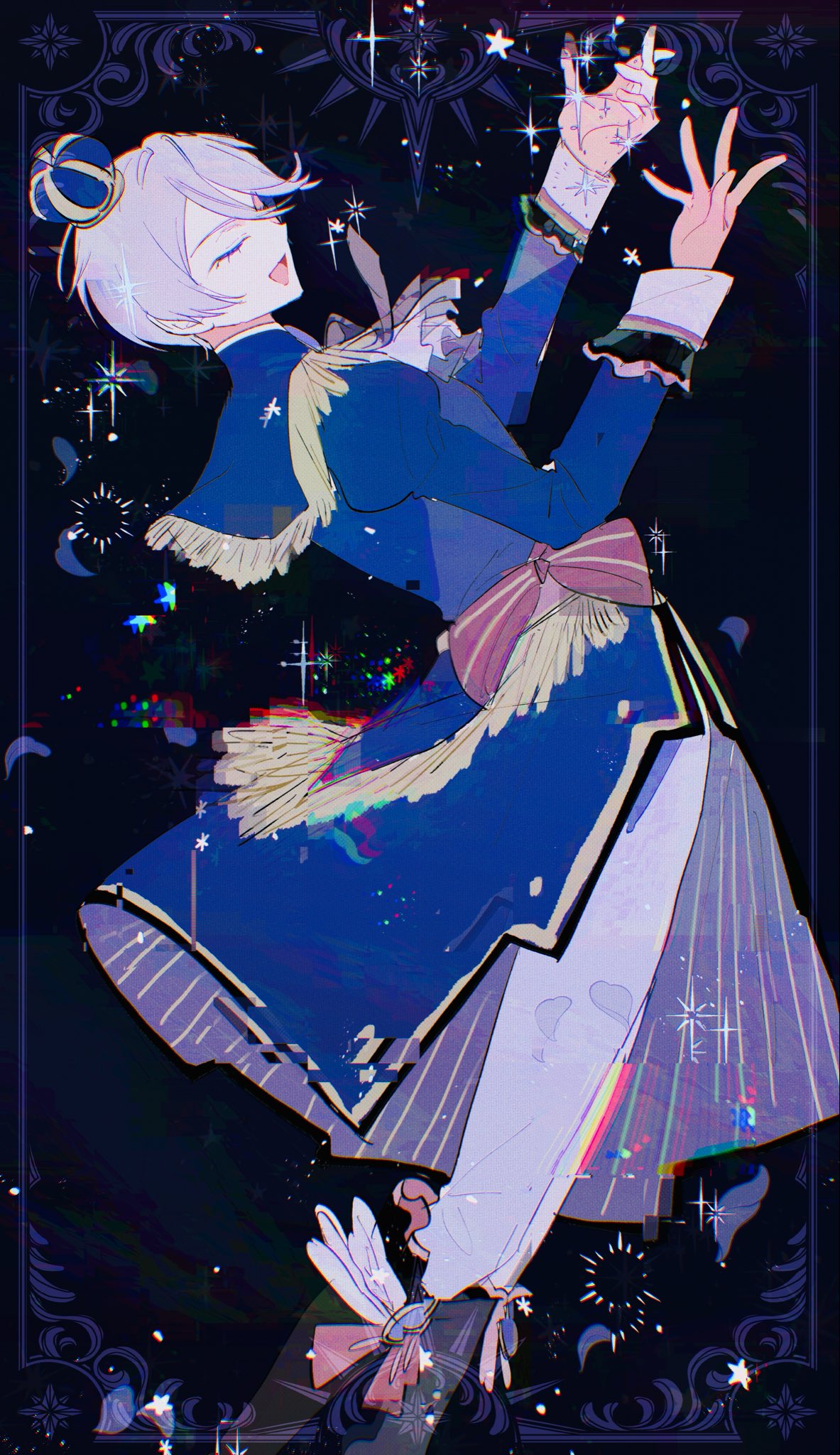 lrprr, shikyoin hibiki, pretty series, pripara, highres, 1girl, arms up, black background, blue capelet, blue jacket, capelet, closed eyes, crown, grey hair, hair between eyes, jacket, juliet sleeves, long sleeves, mini crown, open mouth, pants, puffy sleeves, reaching, short hair, smile, solo, standing, white pants