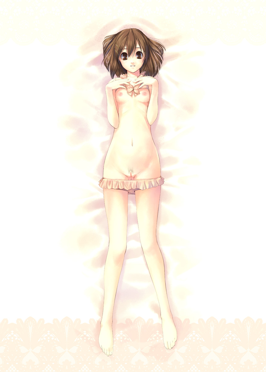 kirishima satoshi, hirasawa yui, k-on!, bad id, bad pixiv id, highres, 00s, 1girl, barefoot, bra, bra lift, breasts, brown eyes, brown hair, clothes lift, feet, female focus, female pubic hair, flat chest, hair ornament, hairclip, lingerie, lying, nipples, panties, panty pull, pubic hair, pussy, short hair, smile, solo, topless female, uncensored, underwear