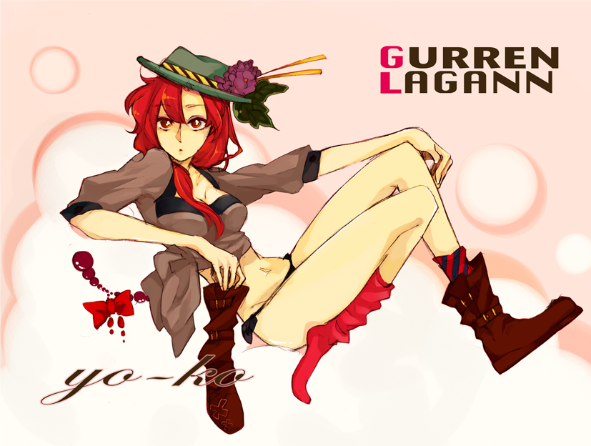 nakatsun, yoko littner, tengen toppa gurren lagann, bad id, bad pixiv id, 00s, boots, hat, red eyes, red hair, shoes, single shoe, socks