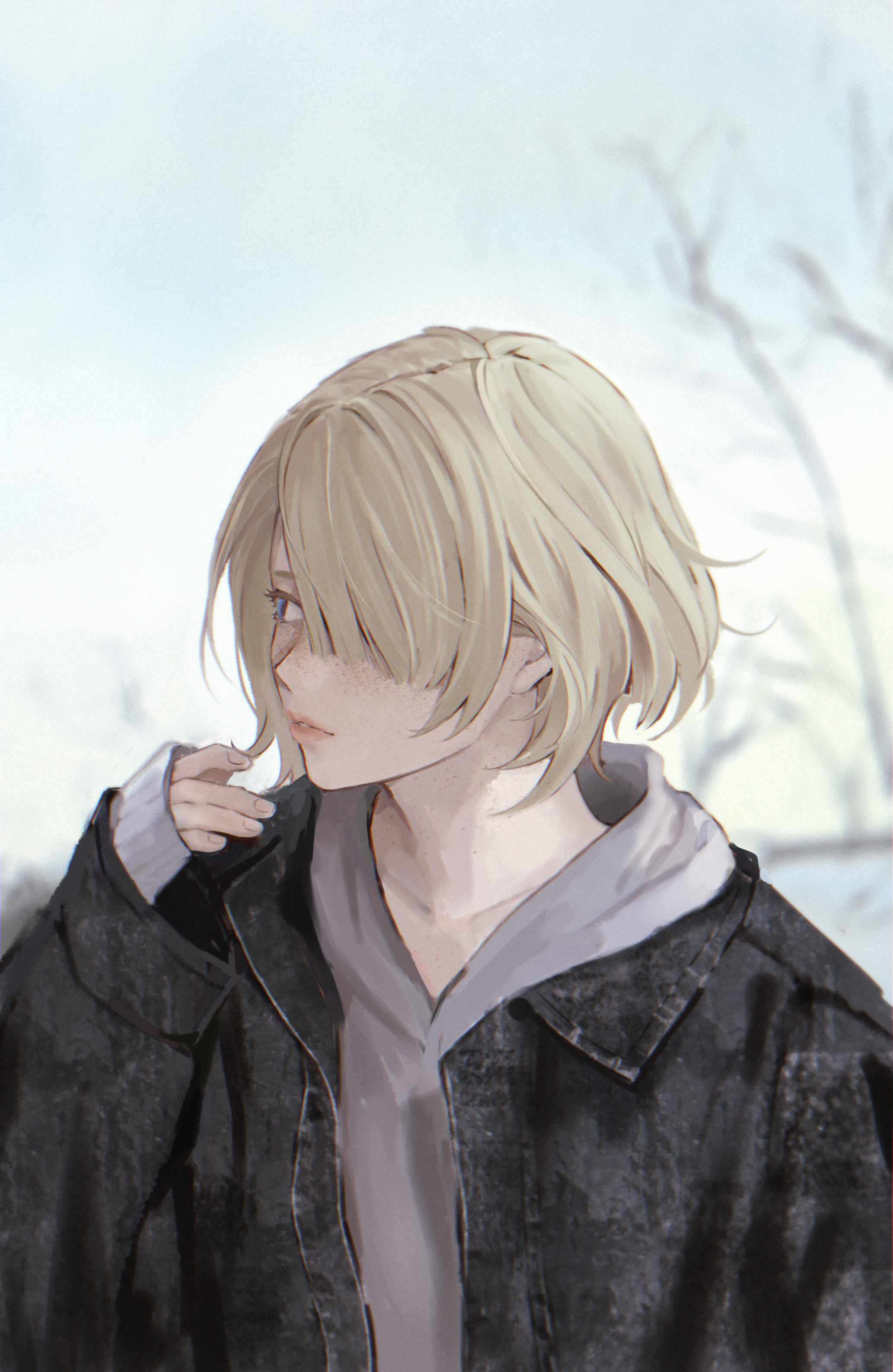pers thepenguin, freminet (genshin impact), genshin impact, absurdres, highres, 1boy, black jacket, blonde hair, blue eyes, freckles, hair over one eye, hand up, jacket, male focus, short hair, solo