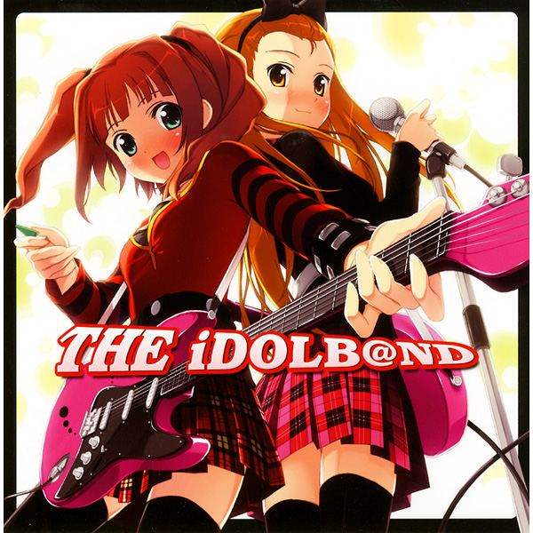 kantoku, minase iori, takatsuki yayoi, idolmaster, idolmaster (classic), striped, 00s, 2girls, back-to-back, blush, brown hair, electric guitar, fender stratocaster, guitar, hairband, instrument, microphone, microphone stand, multiple girls, plaid clothes, plaid skirt, plectrum, punk, punkish gothic, skirt, thighhighs, twintails, zettai ryouiki