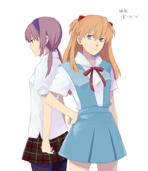 makinami mari illustrious, souryuu asuka langley, evangelion: 2.0 you can (not) advance, neon genesis evangelion, rebuild of evangelion, non-web source, 00s, blue eyes, brown hair, hairband, long hair, pantyhose, plaid clothes, plaid skirt, red hair, school uniform, skirt, twintails