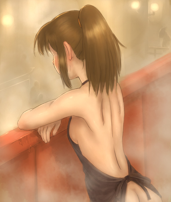 xiin, ogino chihiro, sen to chihiro no kamikakushi, studio ghibli, 00s, 1girl, apron, ass, back, breasts, brown hair, butt crack, child, female focus, naked apron, no panties, ponytail, railing, sideboob, small breasts, solo, steam