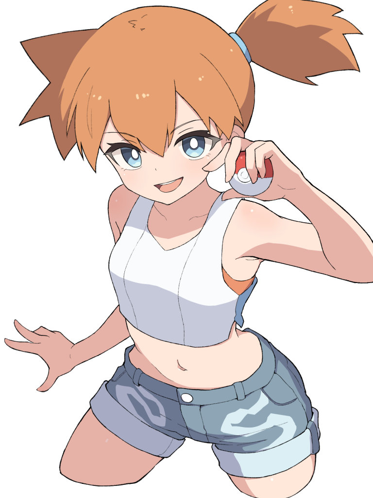 hiyoshipow, misty (pokemon), nintendo, pokemon, pokemon lgpe, 1girl, :d, bare shoulders, blue eyes, breasts, bright pupils, collarbone, crop top, cropped legs, denim, denim shorts, hair tie, hand up, holding, holding poke ball, looking at viewer, midriff, navel, open mouth, orange hair, poke ball, poke ball (basic), ponytail, shirt, short hair, short shorts, shorts, side ponytail, simple background, sleeveless, smile, solo, teeth, tongue, upper teeth only, white background, white pupils, white shirt