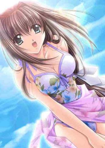 lowres, tagme, beach, bra, breasts, brown hair, cleavage, lingerie, long hair, open mouth, swimsuit, underwear