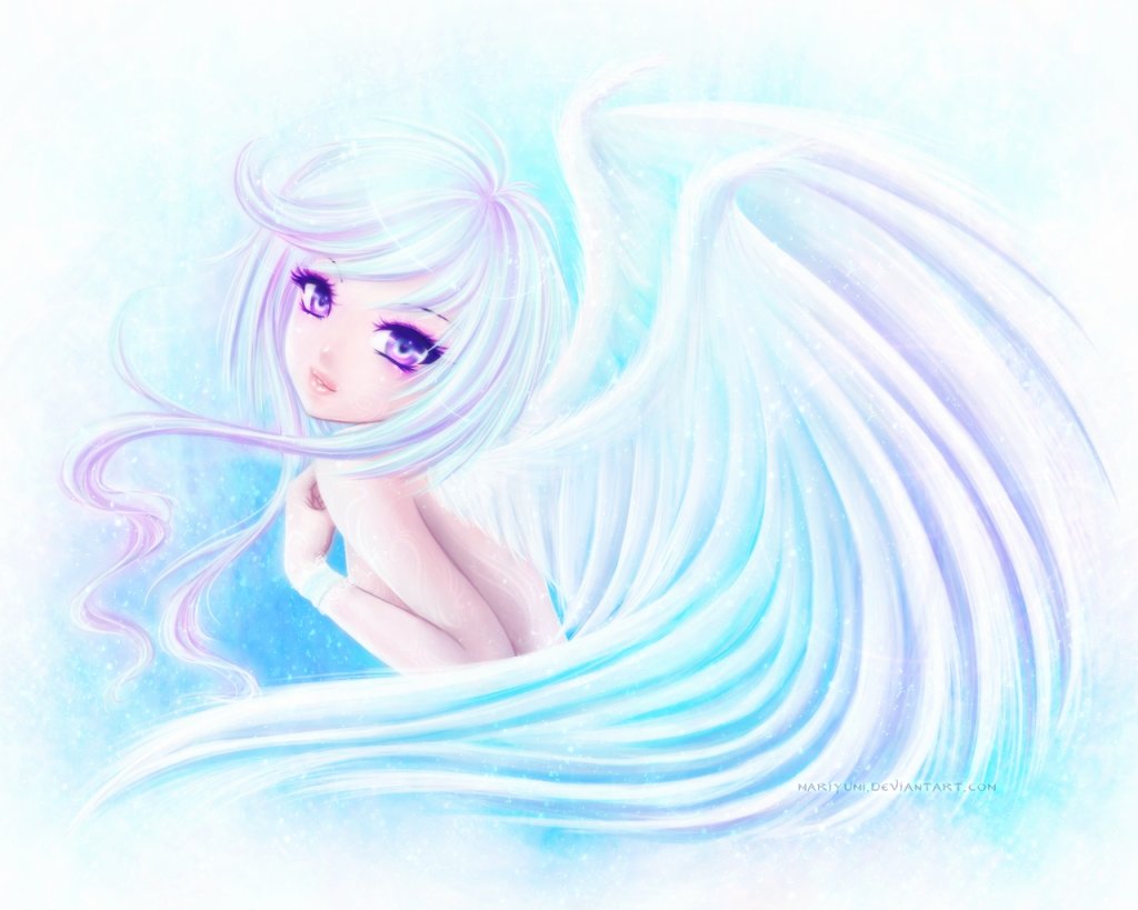 1girl, angel, breasts, female focus, purple eyes, sideboob, small breasts, solo, wings