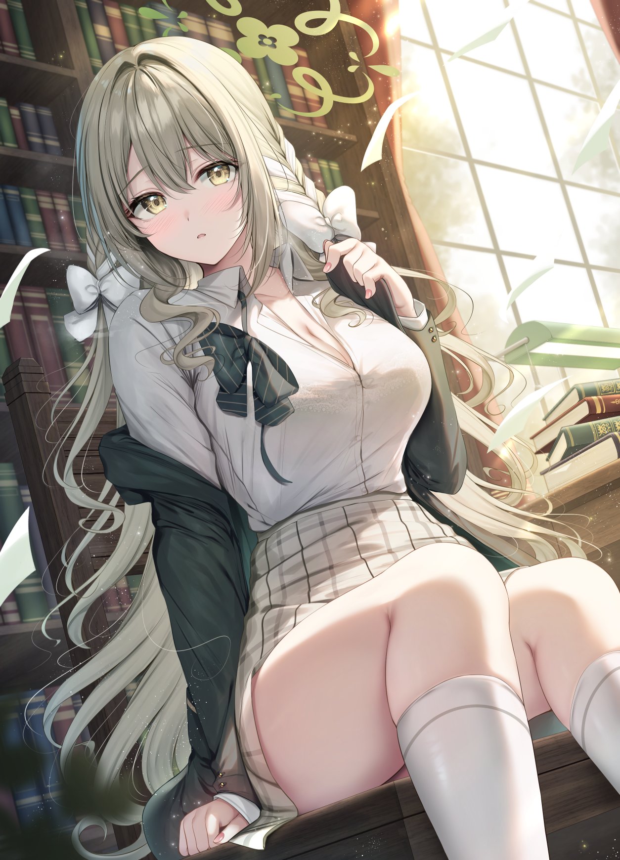 tomoo (tomo), miyo (blue archive), blue archive, commentary request, highres, 1girl, black bow, black bowtie, black jacket, blush, book, book stack, bookshelf, bow, bowtie, braid, breasts, brown hair, cleavage, diagonal-striped bow, diagonal-striped bowtie, diagonal-striped clothes, green eyes, green halo, grey skirt, hair intakes, hair ribbon, halo, indoors, jacket, kneehighs, large breasts, long hair, looking at viewer, off shoulder, open clothes, open jacket, ribbon, ribbon braid, shirt, side braids, sidelighting, skindentation, skirt, socks, solo, striped bow, striped bowtie, striped clothes, thighs, too many, too many books, white bow, white shirt, white socks, window