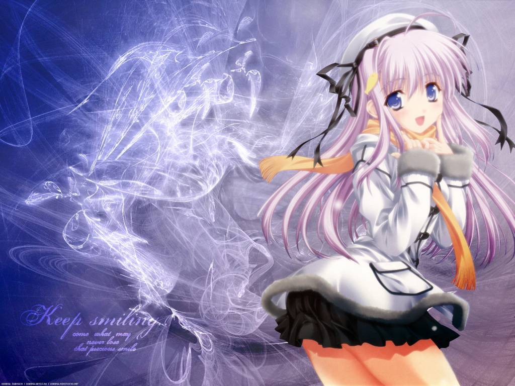 tagme, blue eyes, long hair, purple hair, ribbon, smile, thighhighs, winter clothes