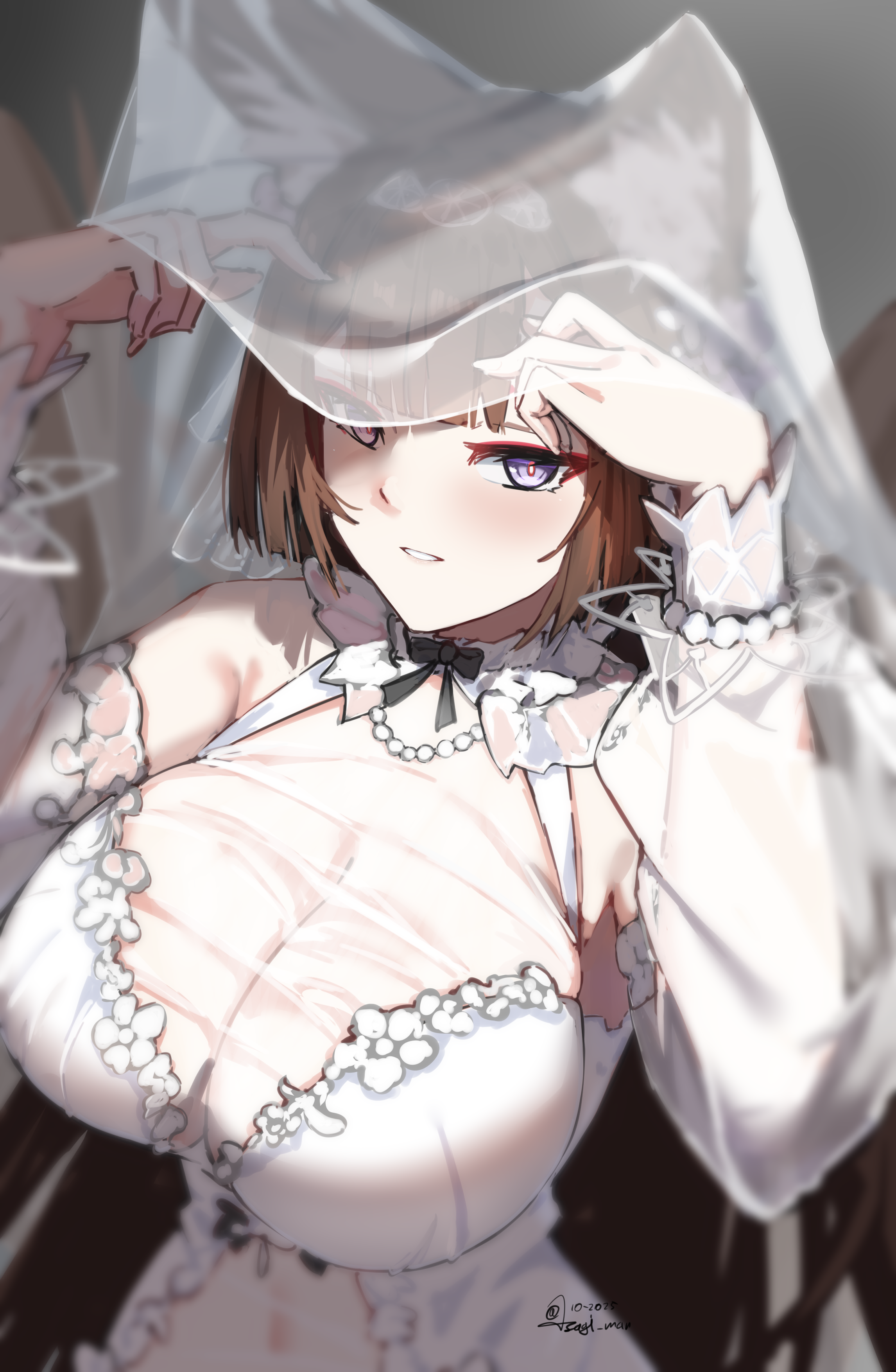 sundajin asagi, amagi (azur lane), amagi (cv) (azur lane), azur lane, absurdres, highres, 1girl, alternate costume, amagi (cv) (moonlit blossom on placid seas) (azur lane), animal ears, breasts, bridal veil, brown hair, collar, dated, dress, eyeshadow, flower, fox ears, fox girl, frilled collar, frilled dress, frilled sleeves, frills, jewelry, kitsune, large breasts, looking at viewer, makeup, necklace, official alternate costume, pearl necklace, puffy sleeves, purple eyes, see-through clothes, see-through dress, signature, simple background, smile, solo, upper body, veil, wedding dress, white dress