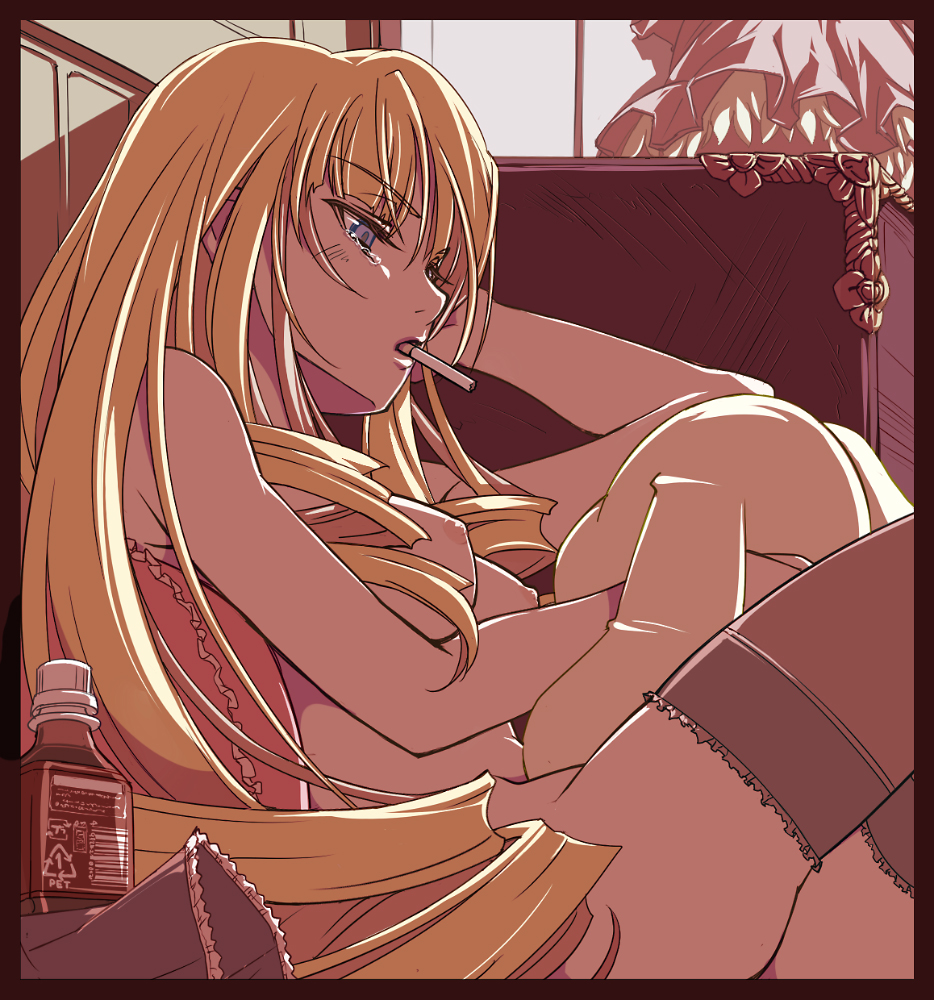 sasa ichi, kunkun, shinku, rozen maiden, 00s, 1girl, arrow (symbol), barcode, black border, blonde hair, blue eyes, border, breasts, cigarette, drill hair, female focus, frilled pillow, frilled thighhighs, frills, long hair, medium breasts, nipples, no panties, pillow, recycling symbol, sitting, smoking, solo, stuffed animal, stuffed toy, tears, thighhighs, topless female