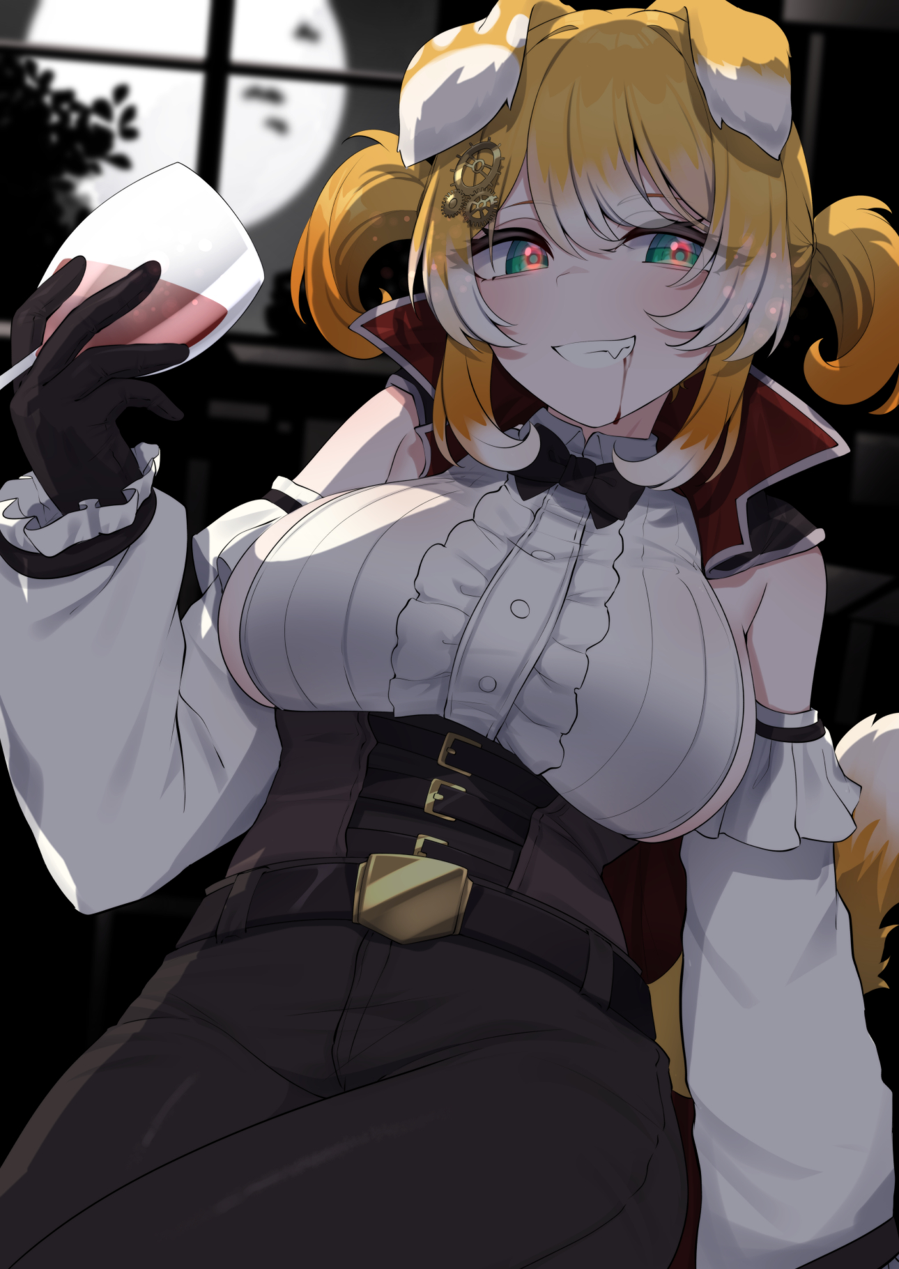 valefal coneri, bonnie barkswell, globie, commission, highres, 1girl, animal ears, belt, black belt, black bow, black bowtie, black gloves, black pants, blonde hair, bow, bowtie, breasts, buttons, center frills, cup, detached sleeves, dog ears, dog girl, frills, full moon, gear hair ornament, gloves, green eyes, holding, holding cup, long sleeves, moon, pants, solo, two side up, virtual youtuber, white hair, window