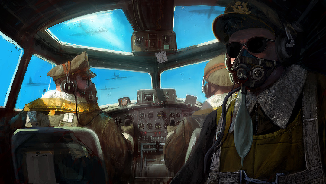 edouard groult, original, b-17 flying fortress, blue sky, cockpit, hat, headset, looking at viewer, military uniform, military vehicle, peaked cap, pilot, pov cockpit, shadow, sky, sunglasses, sunlight, vehicle interior, window, world war ii