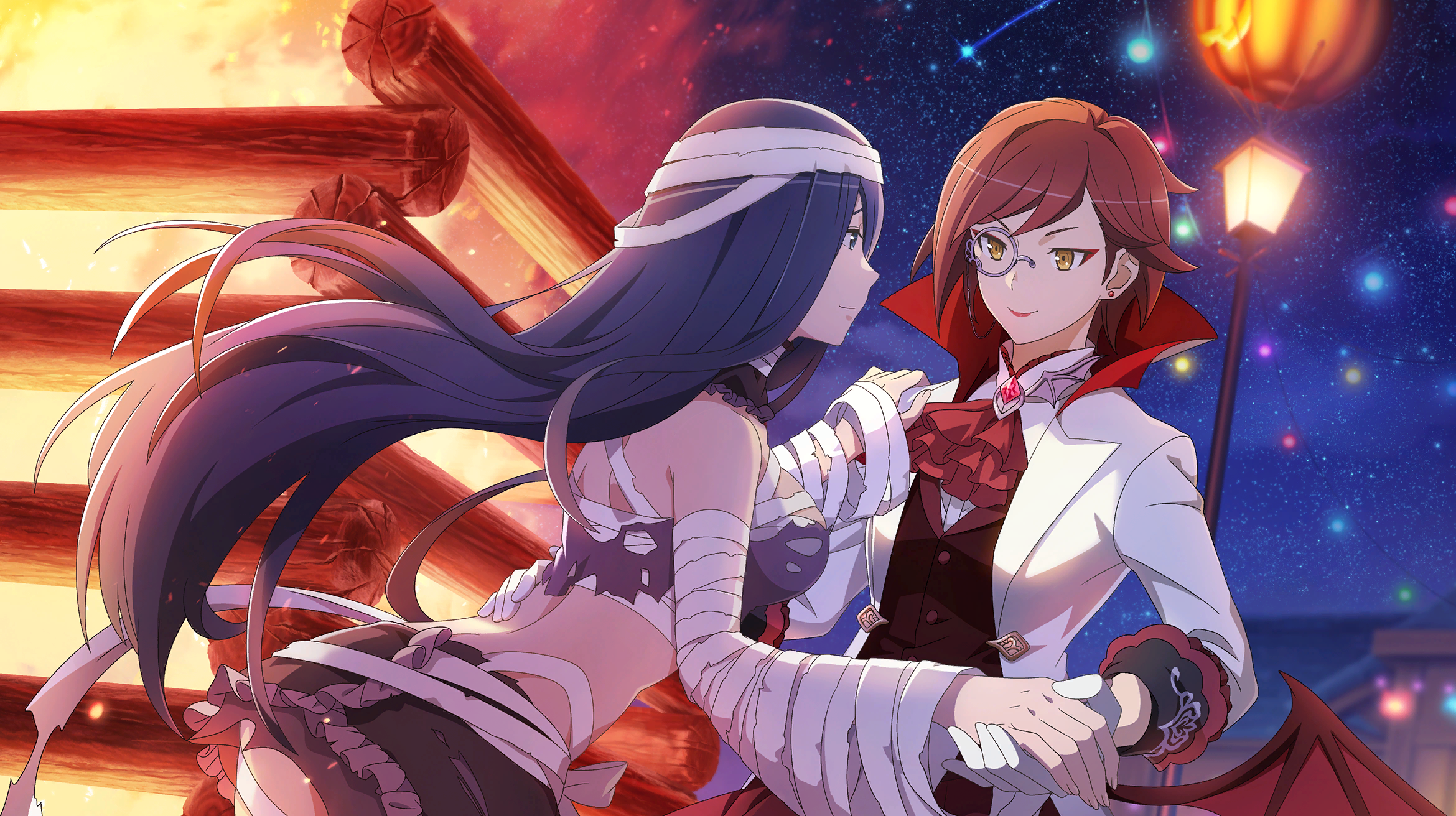 cassandra ilion, daphne lauros, danmachi battle chronicle, dungeon ni deai wo motomeru no wa machigatteiru darou ka, game cg, highres, non-web source, official art, 2girls, anime coloring, ascot, bandage on hair, bandaged arm, bandaged chest, bandaged head, bandaged neck, bandaged torso, bandages, blue eyes, blue hair, bonfire, closed mouth, dancing, earrings, eyeliner, halloween costume, hand on another's back, hand on another's shoulder, holding hands, jack-o'-lantern, jacket, jewelry, lamppost, lapels, long hair, looking at another, makeup, monocle, monocle chain, multiple girls, mummy costume, official alternate costume, open clothes, open jacket, outdoors, red ascot, red eyeliner, red hair, red lips, red vest, short hair, sky, smile, star (sky), starry sky, torn clothes, vampire costume, vest, waistcoat, white jacket, yellow eyes, yuri