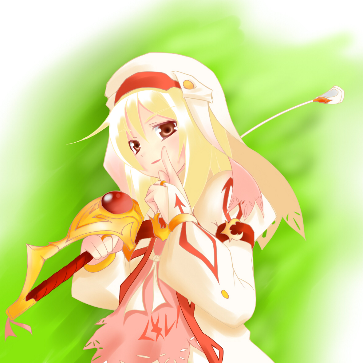 haru (arser doil), alice (tales), tales of (series), tales of symphonia, tales of symphonia: dawn of the new world, bad id, bad pixiv id, 00s, 1girl, blonde hair, brown eyes, female focus, hat, rapier, saber (weapon), short hair, smile, solo, sword, weapon