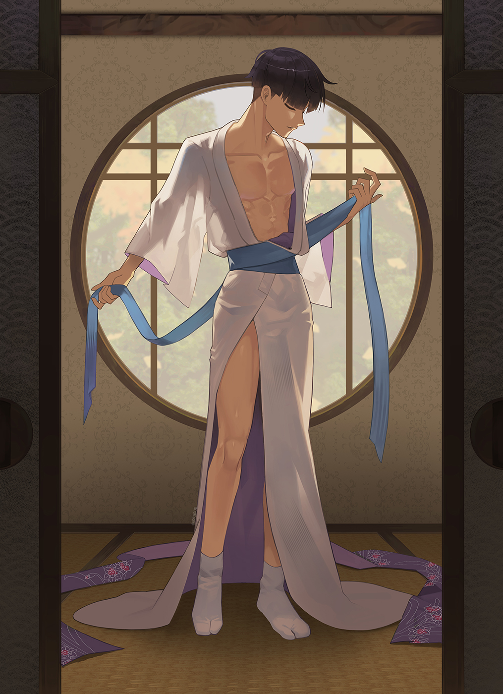 8083 blue, hoshina soshiro, kaijuu no. 8, highres, 1boy, abs, bare pectorals, black hair, closed eyes, closed mouth, full body, japanese clothes, kimono, male focus, pectorals, seigaiha, short hair, solo, standing, tabi, tatami, toned, toned male, white kimono