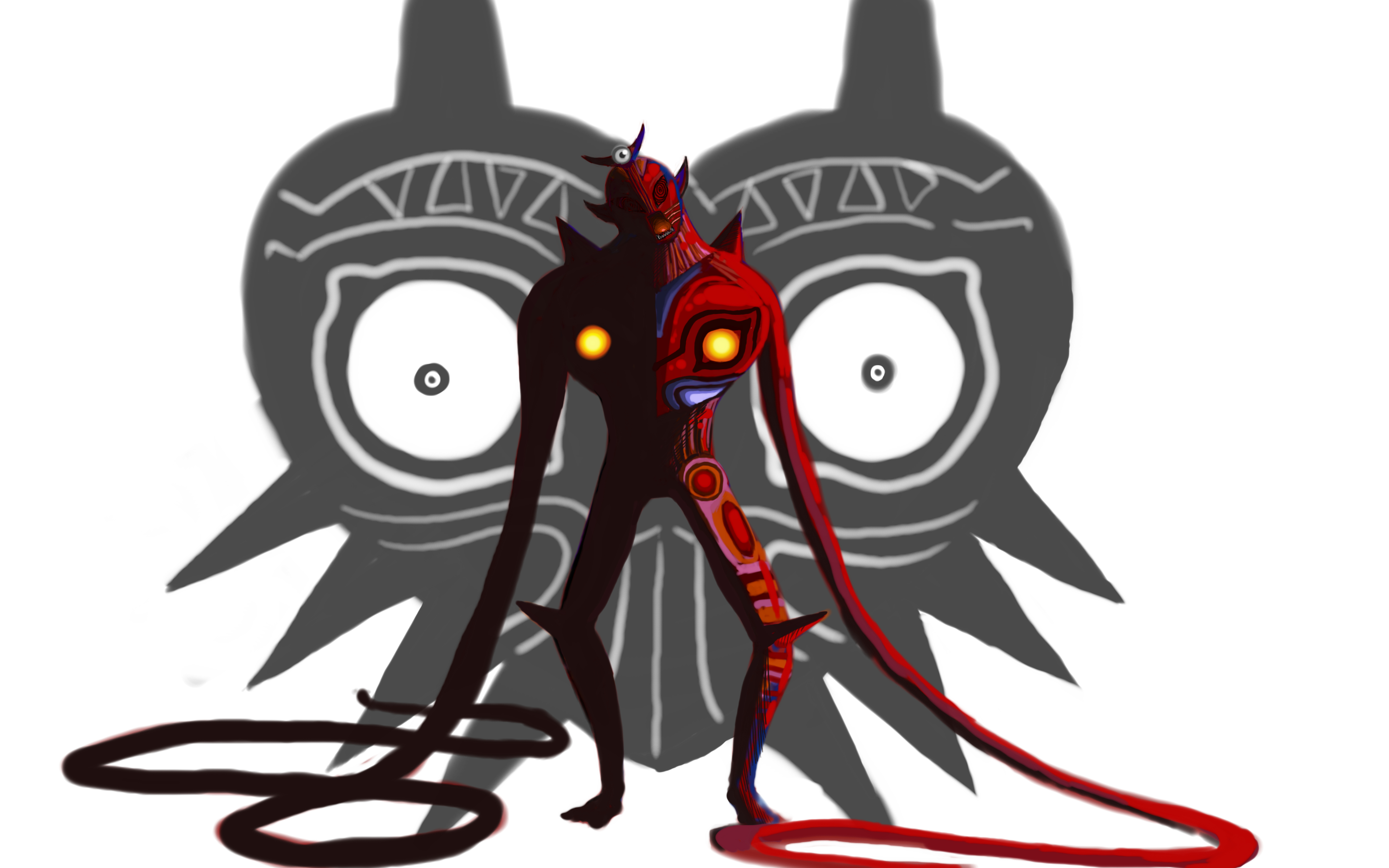 majora's wrath, majora (entity), nintendo, the legend of zelda, the legend of zelda: majora's mask, absurdres, highres, head tilt, ringed eyes, simple background, whip