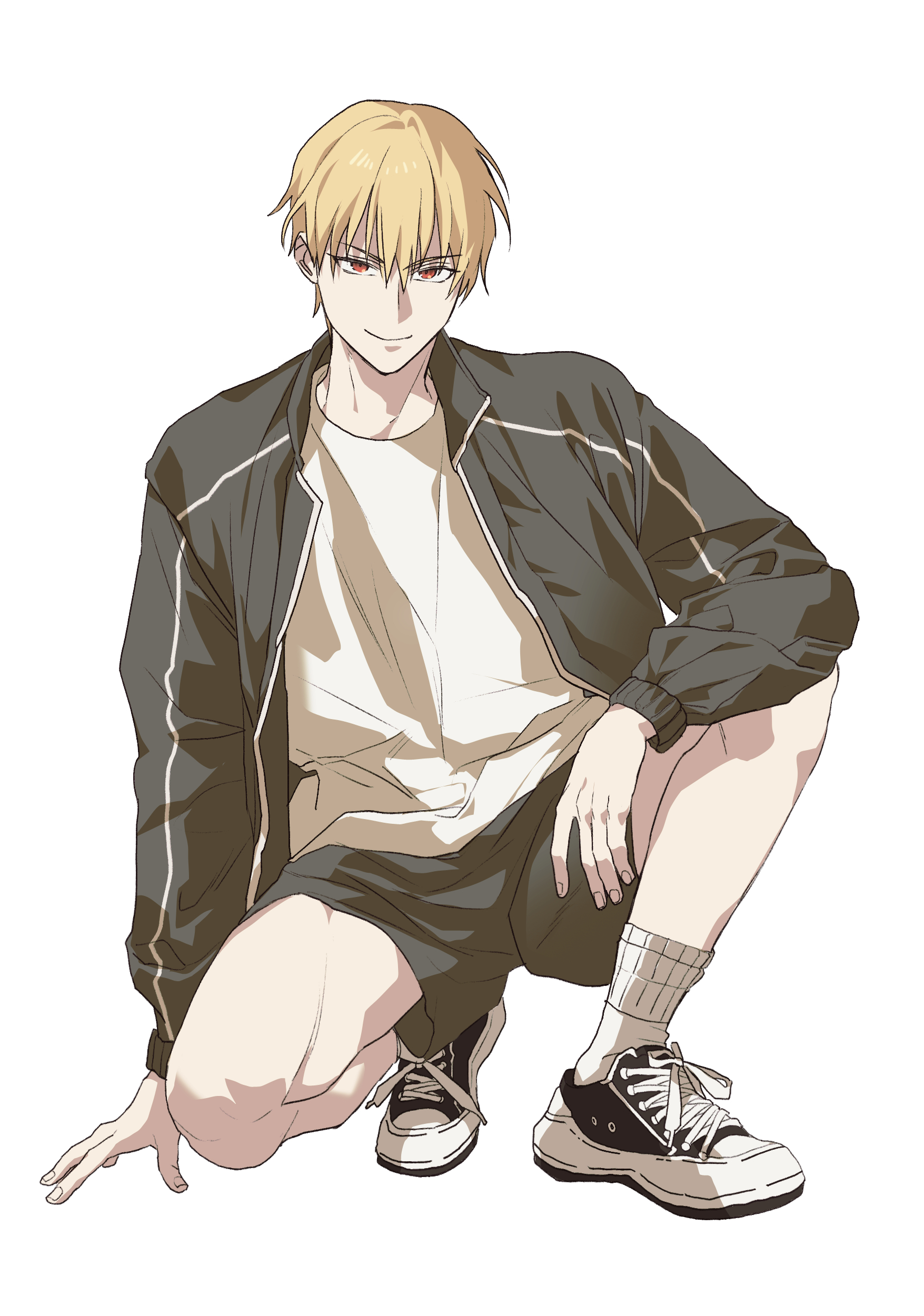 0304rong0304, gilgamesh (fate), fate/stay night, fate (series), absurdres, commentary request, highres, korean commentary, 1boy, black jacket, black shorts, blonde hair, full body, jacket, male focus, red eyes, shirt, shoes, shorts, smile, sneakers, socks, solo, squatting, white shirt, white socks