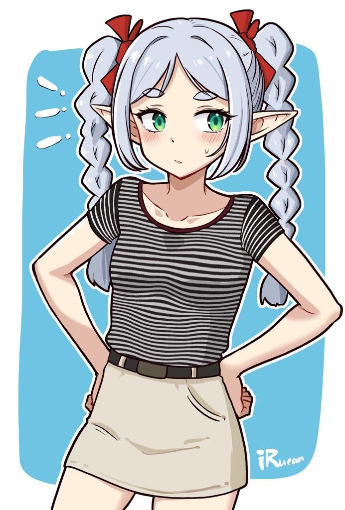 i.ruean, frieren, sousou no frieren, 1girl, :/, alternate hairstyle, braid, breasts, contemporary, cowboy shot, hands on own hips, miniskirt, petite, pointy ears, shirt, signature, skirt, small breasts, solo, striped clothes, striped shirt, sweatdrop, twin braids