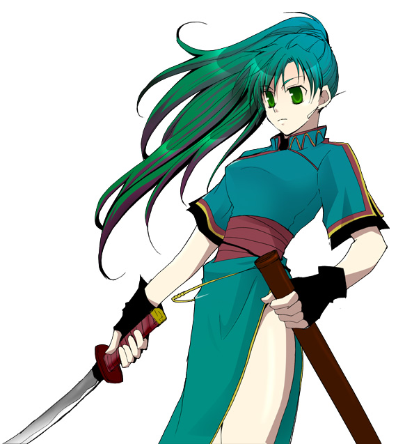 miyakoji, lyn (fire emblem), fire emblem, fire emblem: the blazing blade, nintendo, bad id, bad pixiv id, 1girl, earrings, female focus, fingerless gloves, gloves, green eyes, green hair, high ponytail, jewelry, katana, matching hair/eyes, ponytail, sheath, side slit, solo, sword, weapon