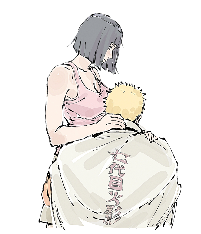 beerenfuchs, hyuuga hinata, uzumaki naruto, boruto: naruto next generations, naruto (series), commentary, hashtag-only commentary, 1boy, 1girl, black hair, blonde hair, bob cut, breasts, brown cape, cape, cleavage, husband and wife, large breasts, pink theme