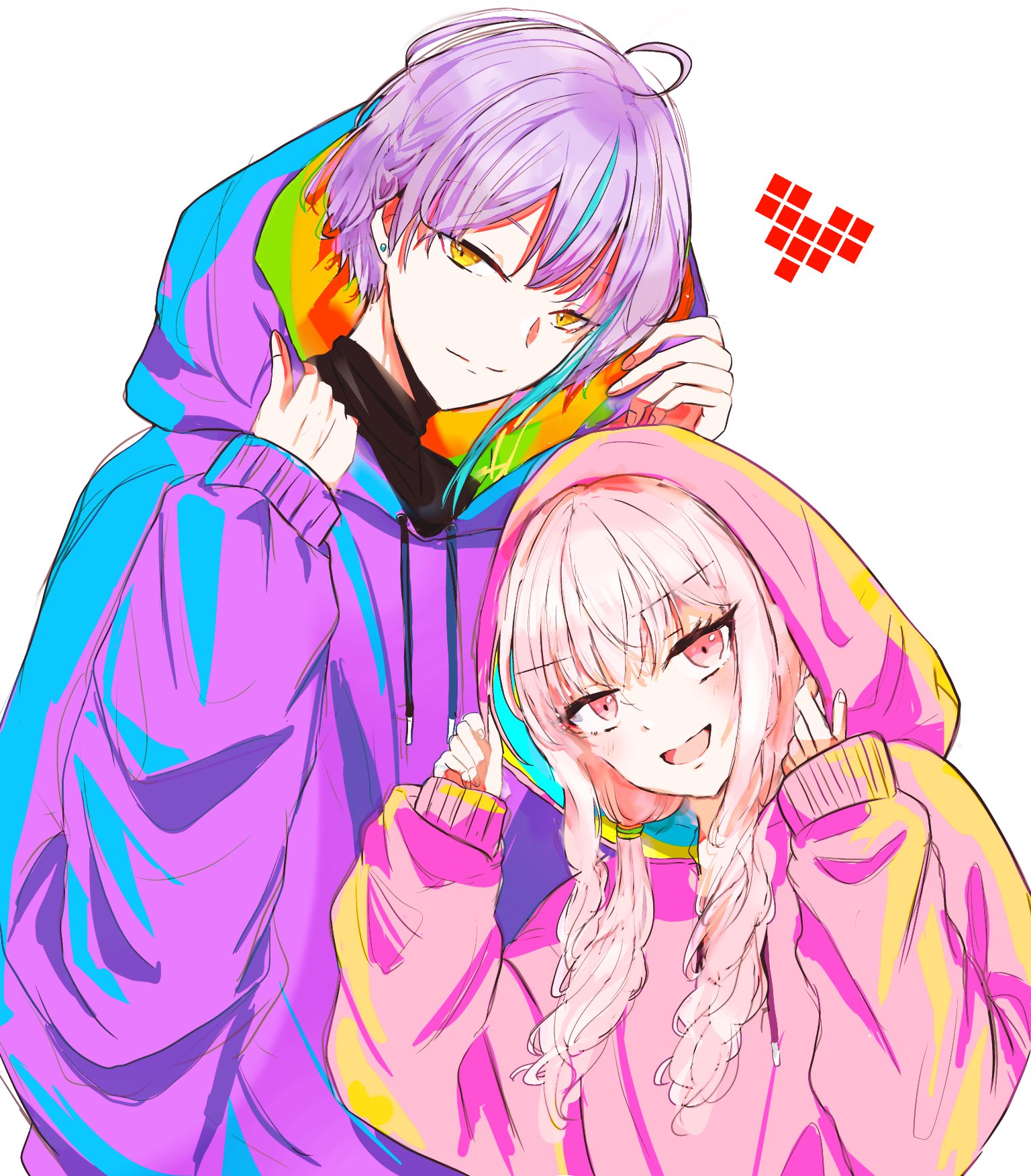 akiyama mizuki, kamishiro rui, project sekai, commentary request, highres, 1boy, 1other, androgynous, blue hair, closed mouth, drawstring, earrings, hands up, heart, hood, hood up, hoodie, jewelry, long sleeves, looking at viewer, mofu (mofbatyu), multicolored hair, open mouth, pink eyes, pink hair, pink hoodie, purple hair, purple hoodie, short hair, simple background, streaked hair, stud earrings, turtleneck, two-tone hair, upper body, white background, yellow eyes