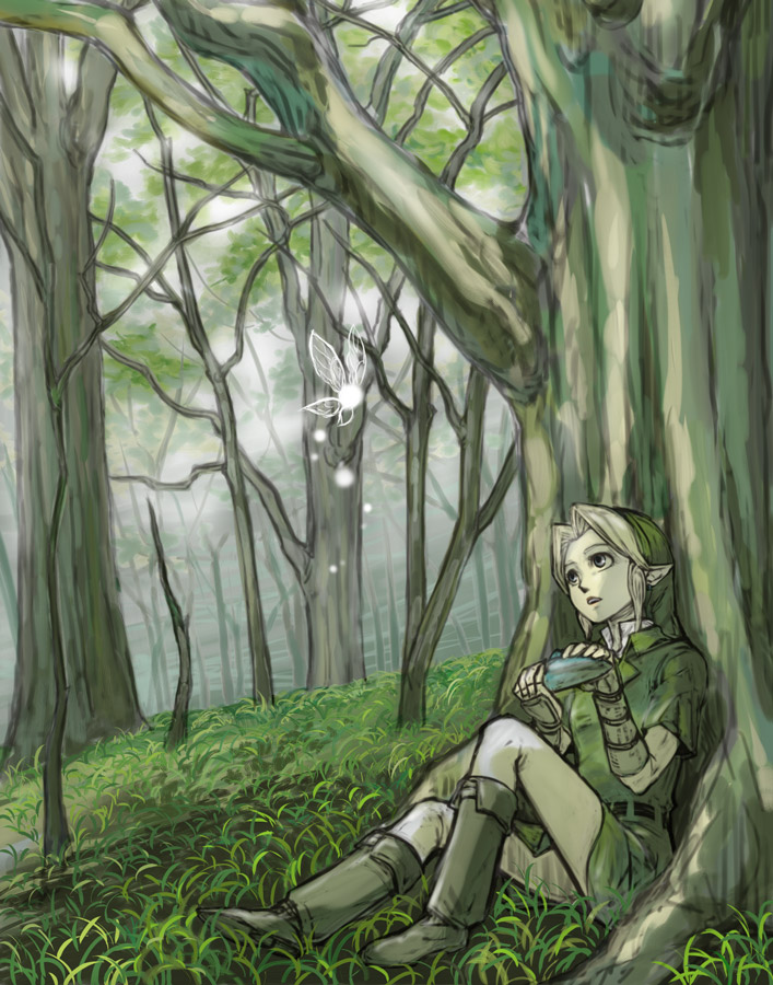 link, navi, nintendo, the legend of zelda, the legend of zelda: ocarina of time, 1boy, androgynous, blonde hair, blue eyes, boots, fairy, forest, gloves, green hat, hat, instrument, male focus, nature, ocarina, pointy ears, sitting, solo, tree, tunic