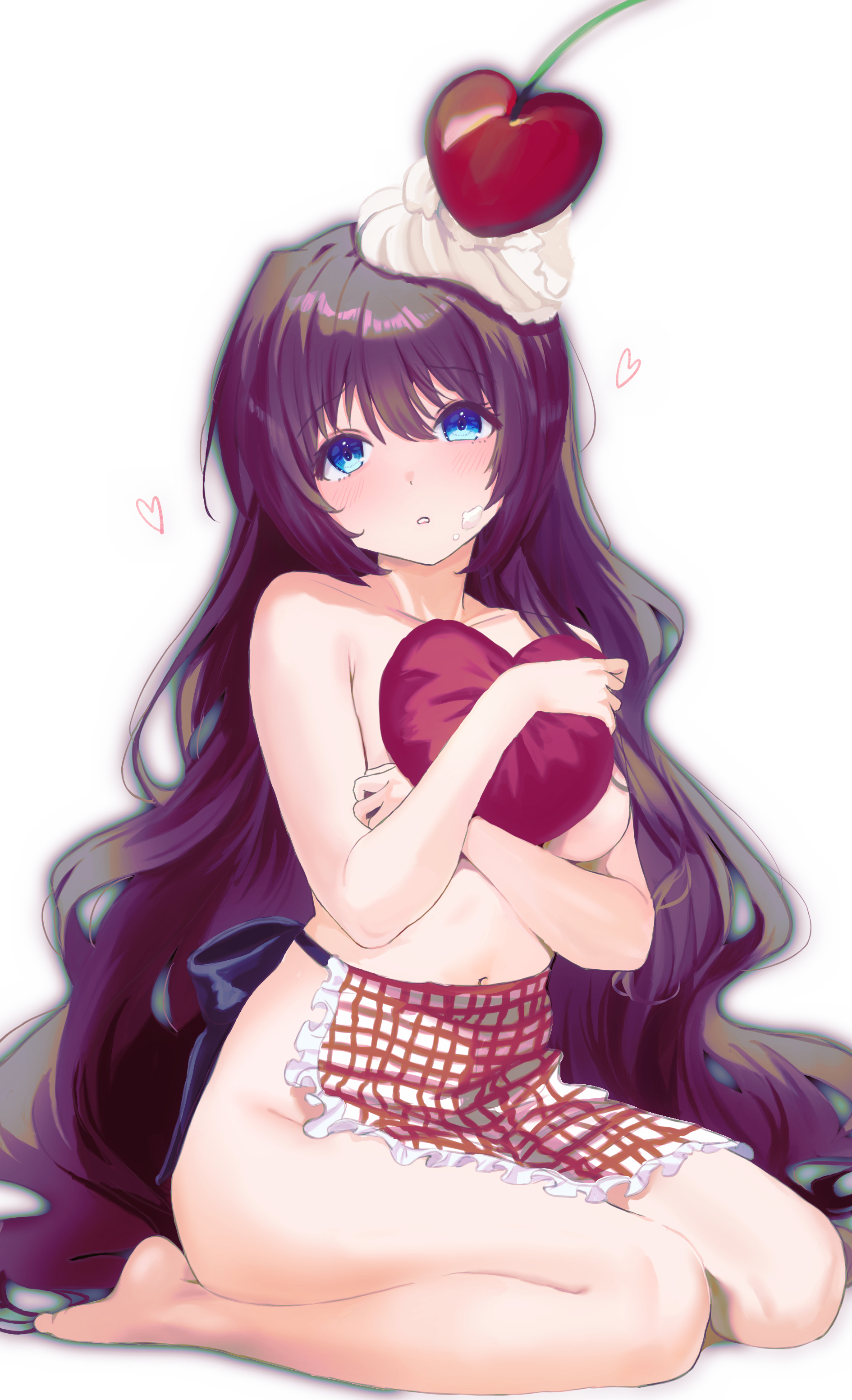 miiizuno lbs, a-chan (little busters!), little busters!, absurdres, commentary request, highres, 1girl, apron, bare arms, bare shoulders, barefoot, blue eyes, blush, cherry, collarbone, covering breasts, covering privates, cream, cream on face, cream on hair, crossed arms, curvy, eyelashes, food, food on face, frilled apron, frills, fruit, full body, hair between eyes, hands up, head tilt, heart, heart-shaped pillow, hugging object, long hair, looking at viewer, naked apron, navel, parted lips, pillow, pillow hug, plaid apron, plaid clothes, purple hair, seiza, simple background, sitting, solo, tareme, thighs, topless female, very long hair, waist apron, wavy hair, white apron, white background