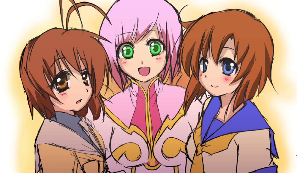 fuurin kingyou, estellise sidos heurassein, furukawa nagisa, nakahara mai, ryuuguu rena, clannad, higurashi no naku koro ni, tales of (series), tales of vesperia, bad id, bad pixiv id, 00s, 3girls, antenna hair, blue eyes, blush, breasts, brown eyes, brown hair, crossover, flat chest, green eyes, happy, looking at viewer, medium breasts, multiple girls, outline, pink hair, school uniform, serafuku, short hair, simple background, sketch, smile, voice actor connection, white background