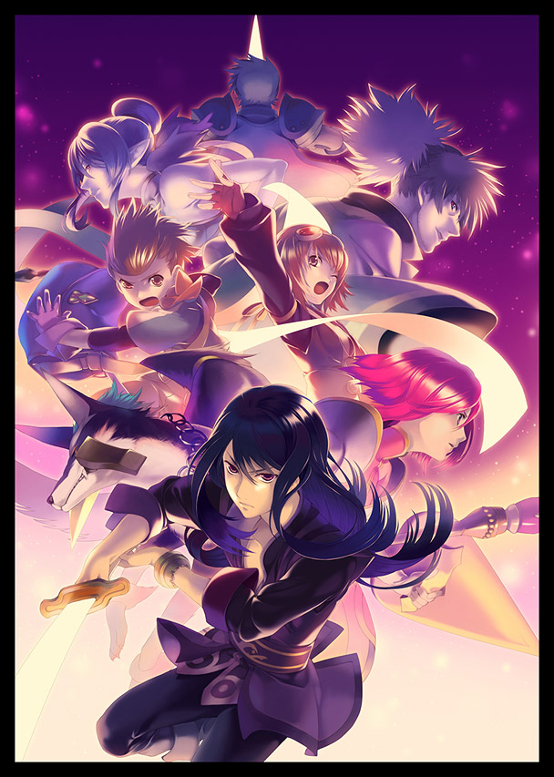 akiyoshi haru, estellise sidos heurassein, flynn scifo, judith (tales), karol capel, raven (tales), repede (tales), rita mordio, yuri lowell, tales of (series), tales of vesperia, 00s, 3girls, 4boys, armor, black hair, bracelet, brown eyes, brown hair, dog, gloves, goggles, jewelry, multiple boys, multiple girls, pink hair, pointy ears, ponytail, purple eyes, purple hair, short hair, sword, weapon