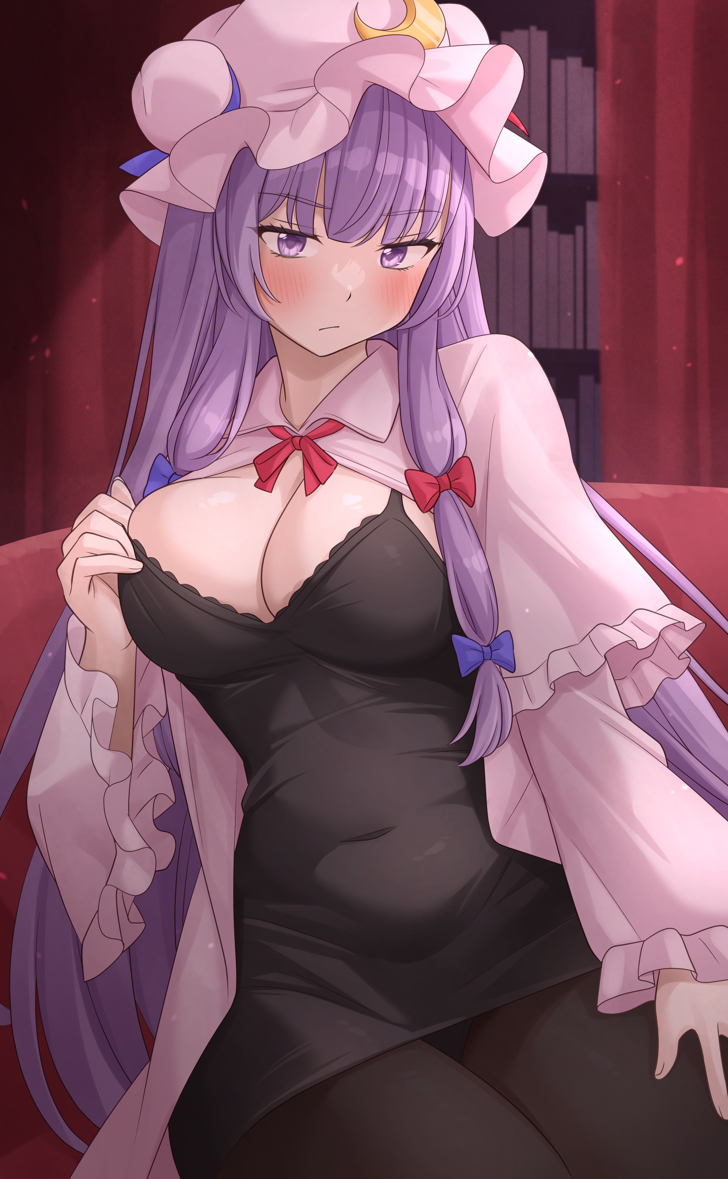 ramie (ramie541), patchouli knowledge, touhou, absurdres, commentary request, highres, paid reward available, 1girl, :/, blush, bookshelf, bow, breasts, cleavage, closed mouth, cowboy shot, crescent, crescent hat ornament, hair bow, hat, hat ornament, indoors, large breasts, light frown, long hair, long sleeves, looking at viewer, mob cap, open clothes, pantyhose, purple eyes, purple hair, solo, v-shaped eyebrows, very long hair