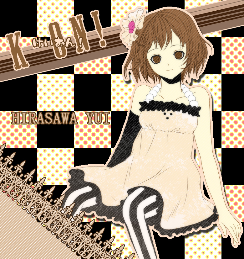 senri (nazerine), senri (pixiv196380), hirasawa yui, don't say "lazy", k-on!, 00s, 1girl, bare shoulders, brown eyes, brown hair, dress, elbow gloves, female focus, gloves, hair ornament, head tilt, pantyhose, short hair, sitting, smile, solo
