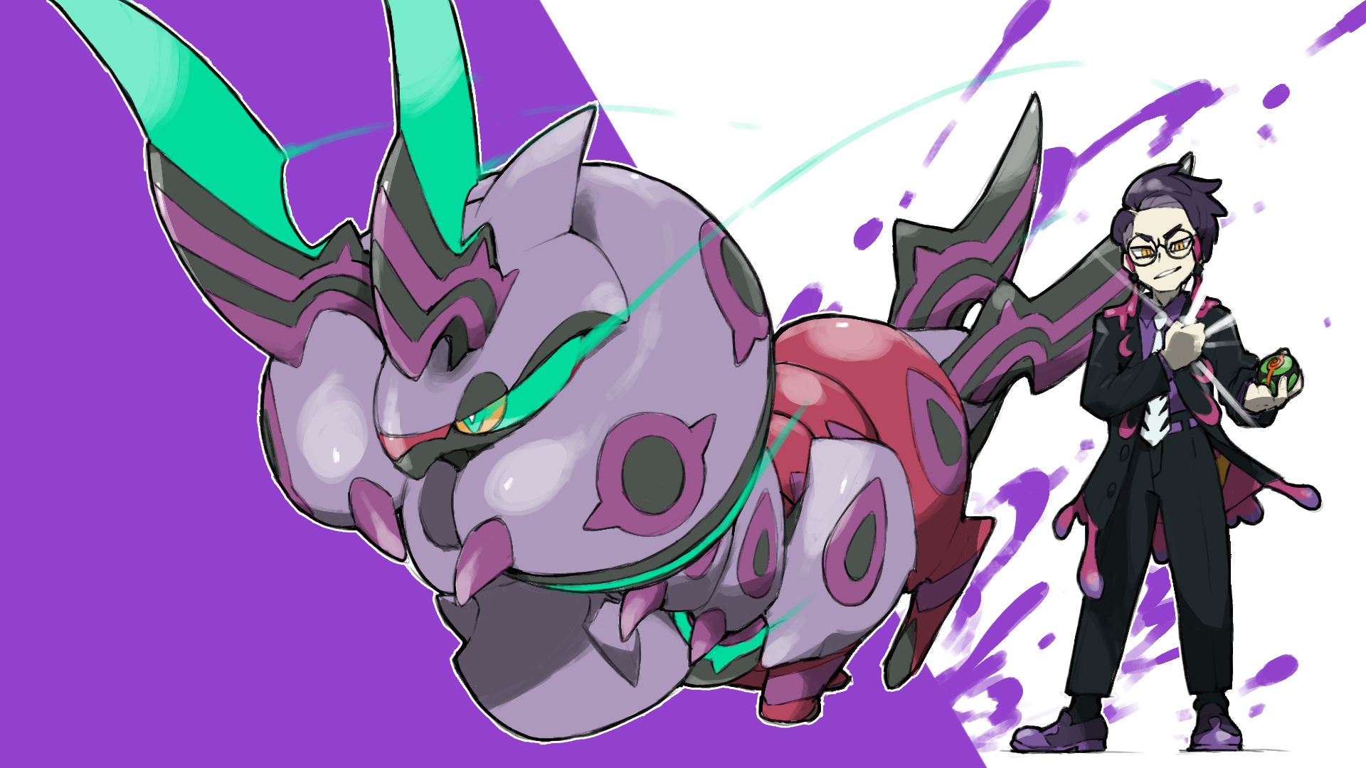 blacknirrow, corbeau (pokemon), mega scolipede, scolipede, nintendo, pokemon, pokemon legends: z-a, commentary, highres, 1boy, aqua eyes, belt, black jacket, black pants, black socks, bright pupils, collared shirt, colored sclera, dusk ball, eye trail, gen 5 pokemon, glasses, holding, holding poke ball, jacket, light trail, long sleeves, necktie, open clothes, open jacket, outline, pants, poke ball, pokemon (creature), purple belt, purple hair, purple shirt, purple shoes, round eyewear, shirt, shoes, short hair, simple background, smile, socks, standing, two-tone background, very short hair, white necktie, white outline, white pupils, yellow eyes, yellow sclera