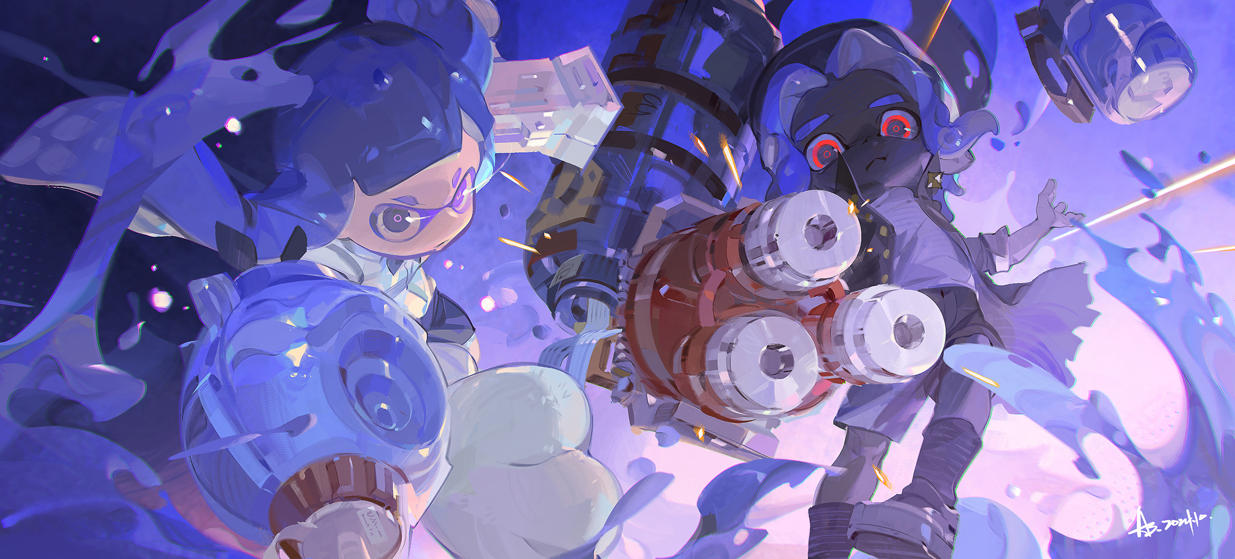 a-shacho, inkling girl, inkling player character, octoling boy, octoling player character, nintendo, splatoon (series), commentary, english commentary, highres, 1boy, 1girl, animal hands, black jacket, black shoes, black shorts, black socks, closed mouth, dark-skinned male, dark skin, floating hair, gloves, holding, holding weapon, hydra splatling (splatoon), inkling, jacket, long hair, looking at viewer, medium hair, octoling, open clothes, open jacket, parted bangs, paw gloves, purple eyes, purple hair, red eyes, shirt, shoes, shorts, socks, splattershot jr. (splatoon), tentacle hair, torpedo (splatoon), weapon, white gloves, white shirt
