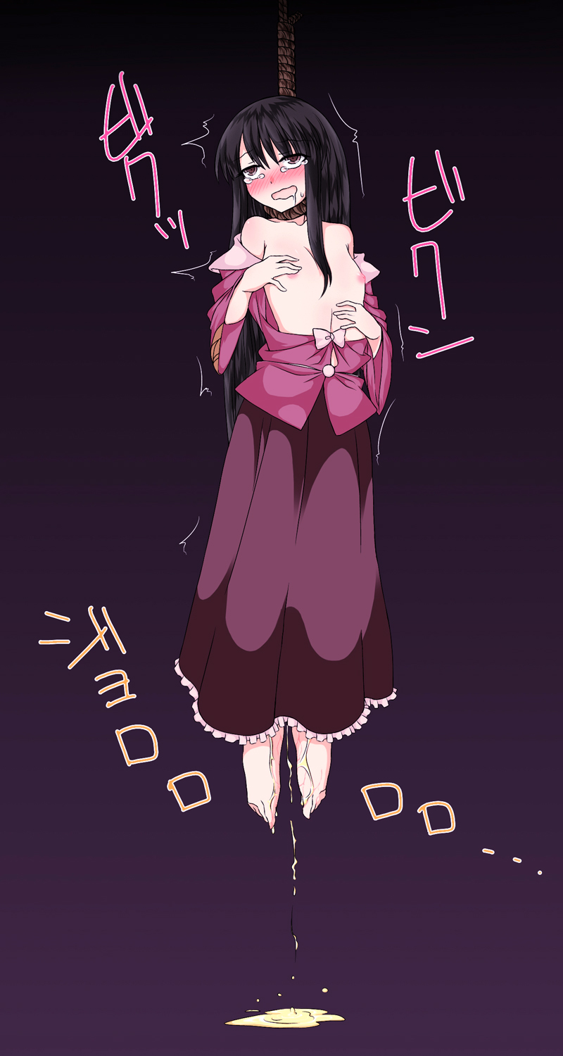 gyo, houraisan kaguya, touhou, highres, 1girl, asphyxiation, barefoot, blush, execution, feet, female focus, flat chest, gradient background, hanged, long hair, open clothes, open shirt, orgasm, pee, peeing, peril, purple background, saliva, shirt, simple background, solo, tears, uncommon stimulation
