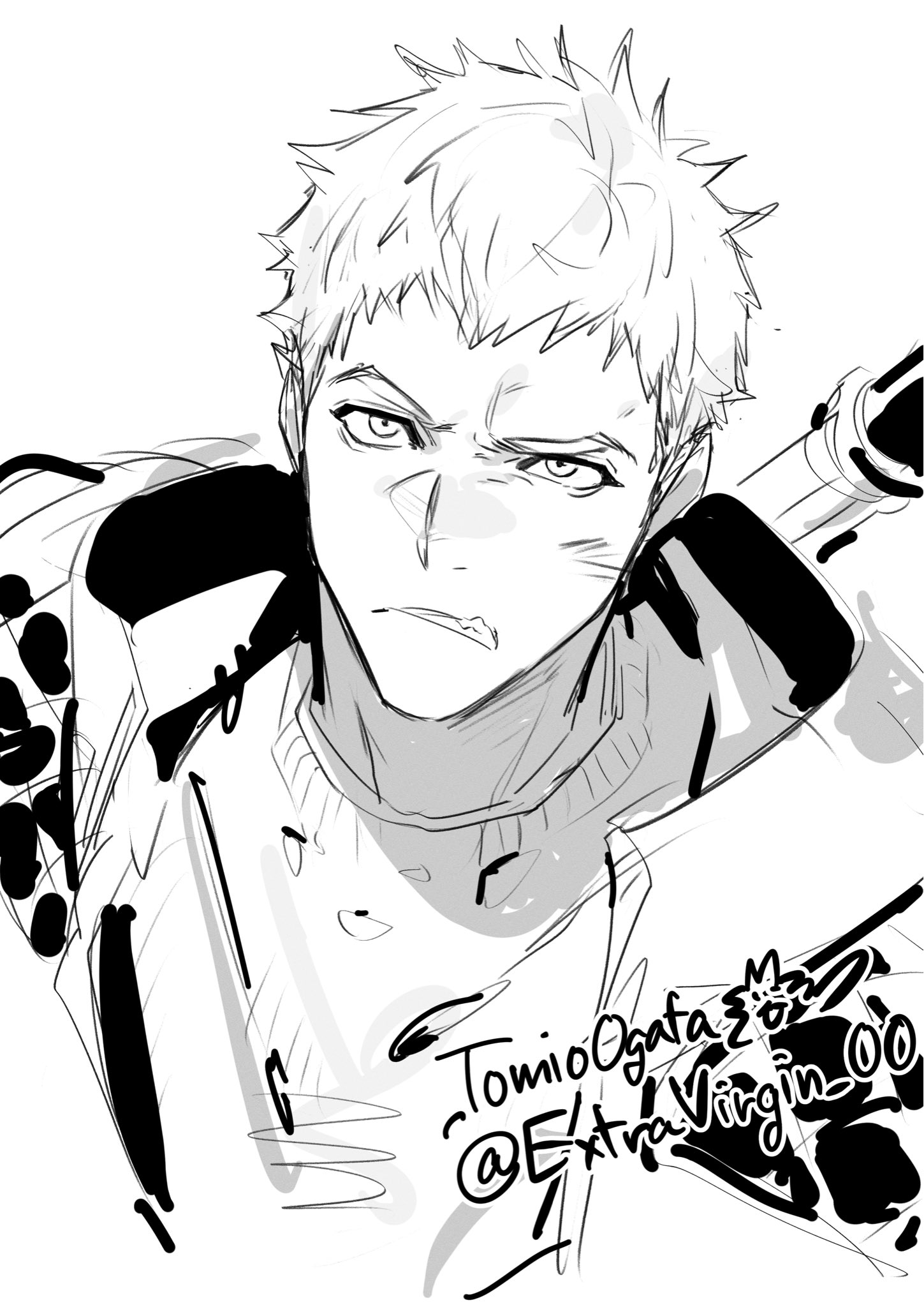 ogata tomio, nero (devil may cry), devil may cry (series), devil may cry 5, highres, 1boy, artist name, clenched teeth, frown, furrowed brow, greyscale, jacket, looking at viewer, male focus, monochrome, open clothes, open jacket, shirt, short hair, signature, simple background, sketch, solo, sword, sword on back, teeth, twitter username, upper body, very short hair, weapon, weapon on back