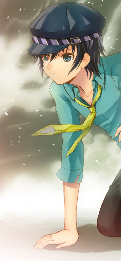 seiru (prairie), shirogane naoto, atlus, persona, persona 4, 1girl, androgynous, black hair, blue eyes, collared shirt, dress shirt, female focus, hat, kneeling, neckerchief, pants, reverse trap, shirt, short hair, solo, upper body