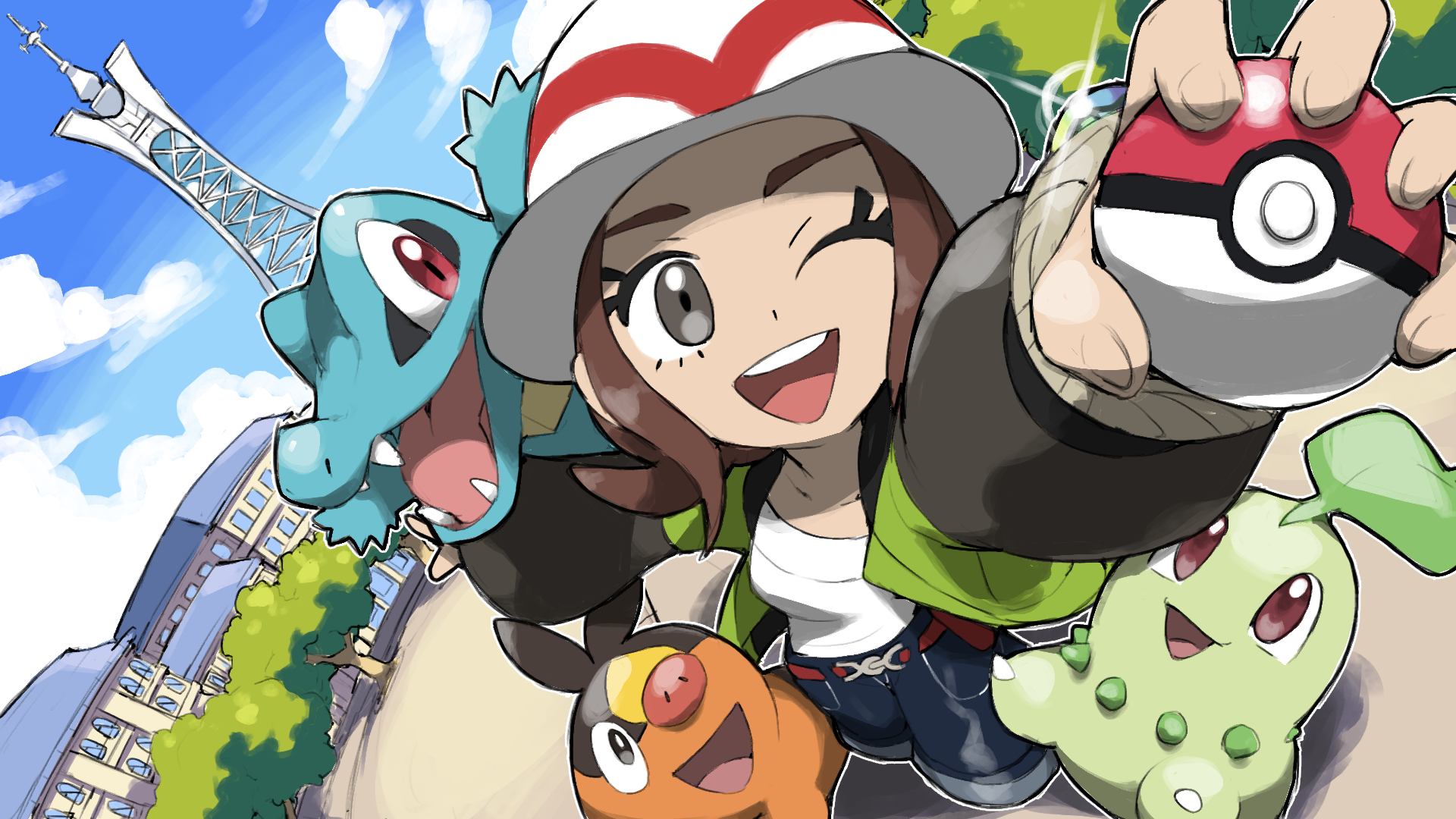 blacknirrow, chikorita, harmony (pokemon), tepig, totodile, nintendo, pokemon, pokemon legends: z-a, commentary, highres, 1girl, ;d, blue pants, blue sky, bracelet, brown hair, building, cloud, day, eyelashes, fangs, gen 2 pokemon, gen 5 pokemon, glint, grey eyes, hat, holding, holding poke ball, in-universe location, jacket, jewelry, long sleeves, lumiose city, mega ring, mega stone, nostrils, one eye closed, open clothes, open jacket, open mouth, outdoors, outline, pants, poke ball, poke ball (basic), pokemon (creature), prism tower, red eyes, shirt, short hair, sky, smile, starter pokemon trio, teeth, tongue, tower, tree, upper teeth only, white hat, white outline, white shirt